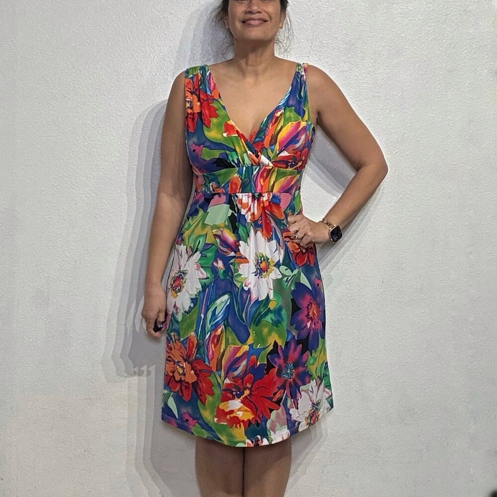 Slinky Brand White Floral Faux Wrap Midi Dress Sz M
